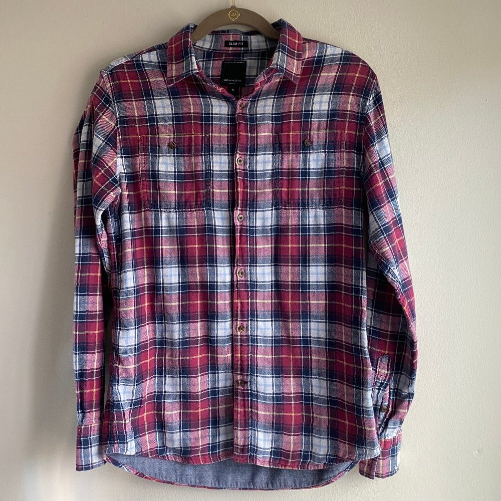 Penshoppe Rollup Tartan Plaid Slim Fit Long Sleeve Shirt